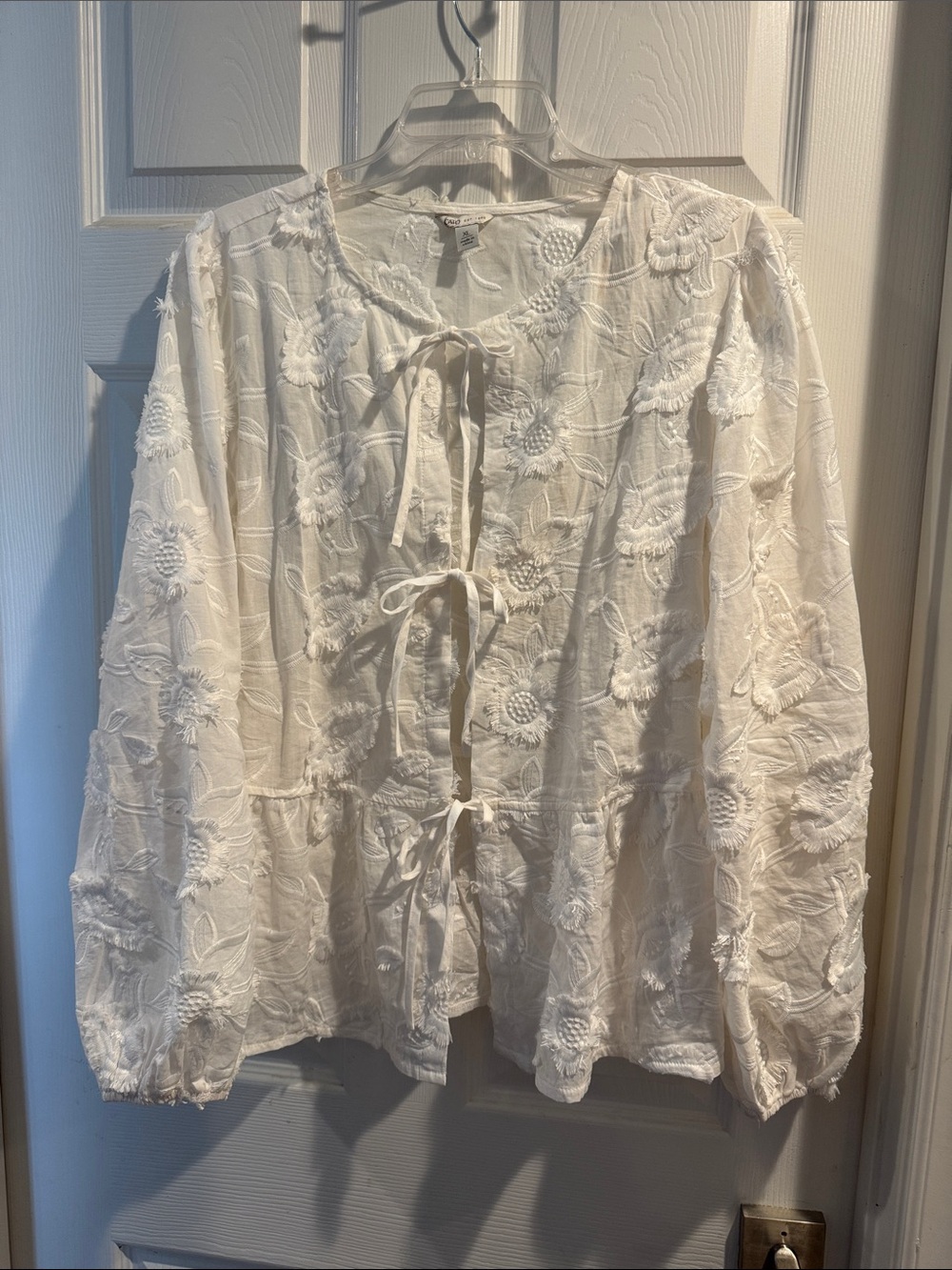 Cato Cream Embroidered Tie-Front Peasant jacket